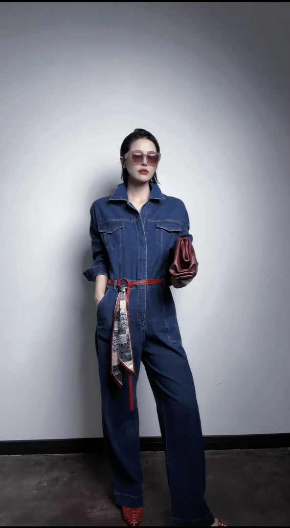 设计感时髦连体牛仔衣高腰工装牛仔裤秋季套装女大口袋连衣裤