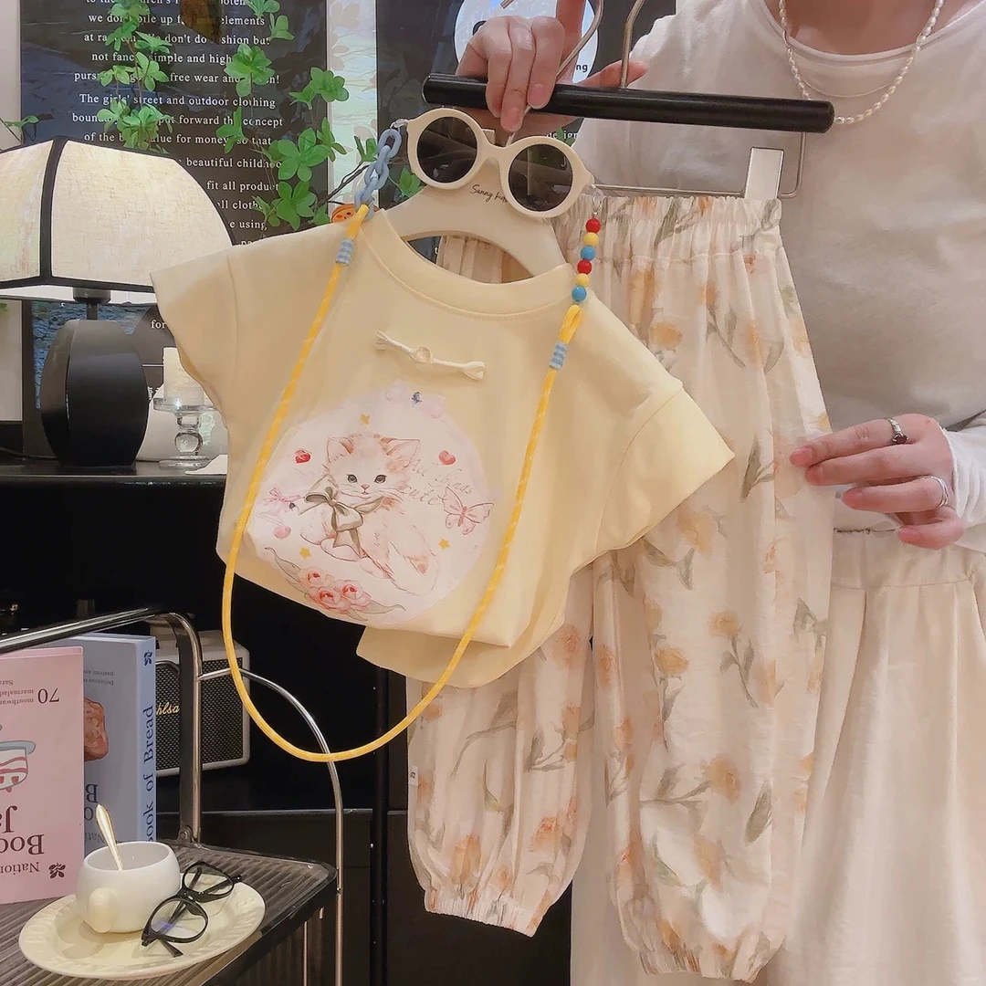 【亲子装】女童卡通印花猫咪奶油国风短袖休闲裤套装2025夏季