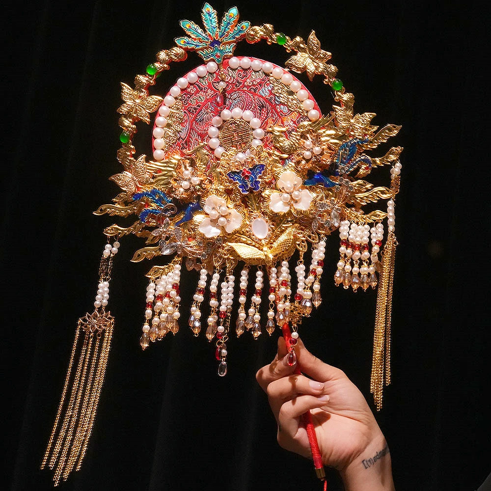 凤吟婷原创双面双色重工团扇新娘结婚中式婚礼秀禾喜扇材料送闺蜜