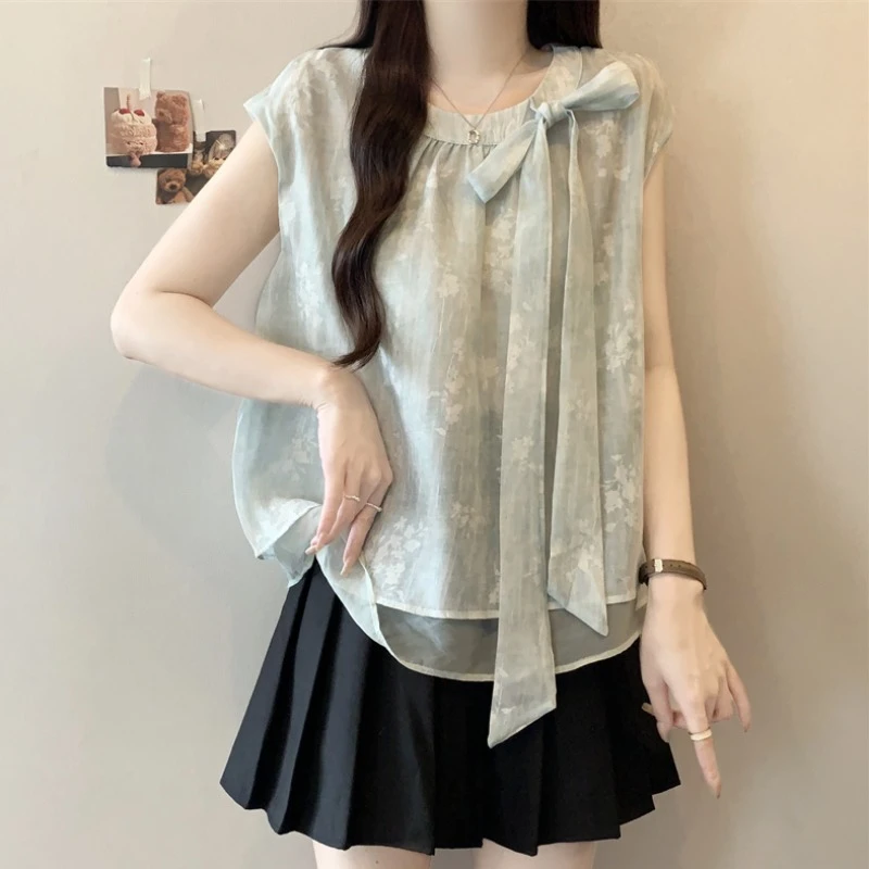 大码法式扎染蝴蝶结系带无袖衬衫女夏季胖MM宽松显瘦百搭洋气上衣