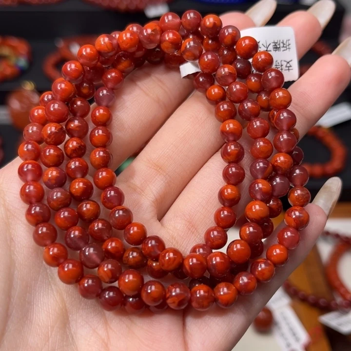 南红玛瑙未镶嵌手链紫底玫红火焰5.5+mm多圈