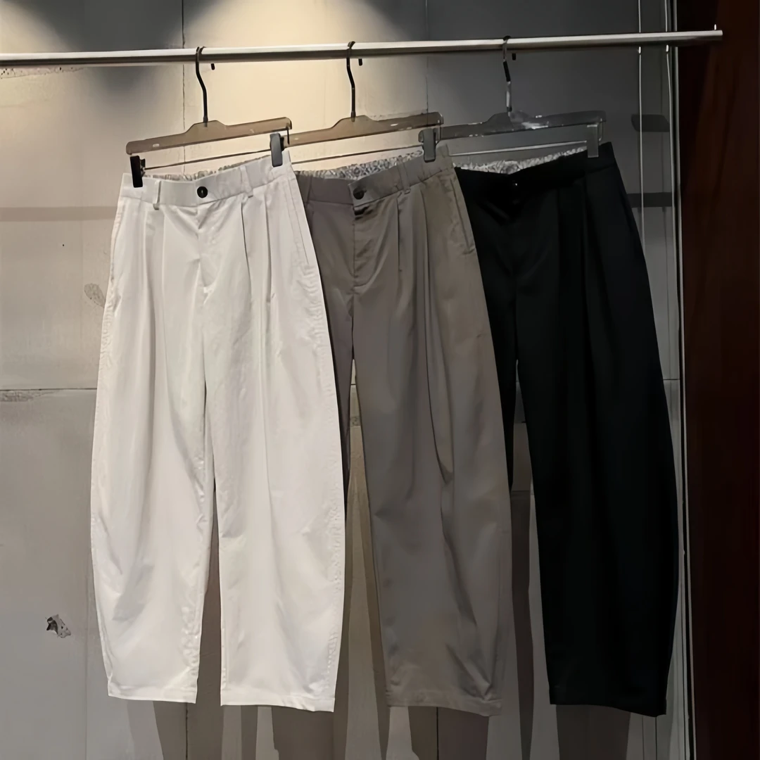 秋季新款日系微阔掐褶纯色直筒阔腿裤男士显瘦百搭时尚廓形弯刀裤