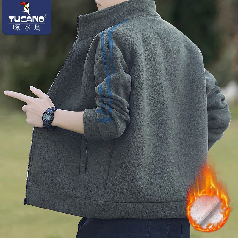 啄木鸟秋冬加绒加厚夹克男士2025新款立领上衣男款爆款摇粒绒外套