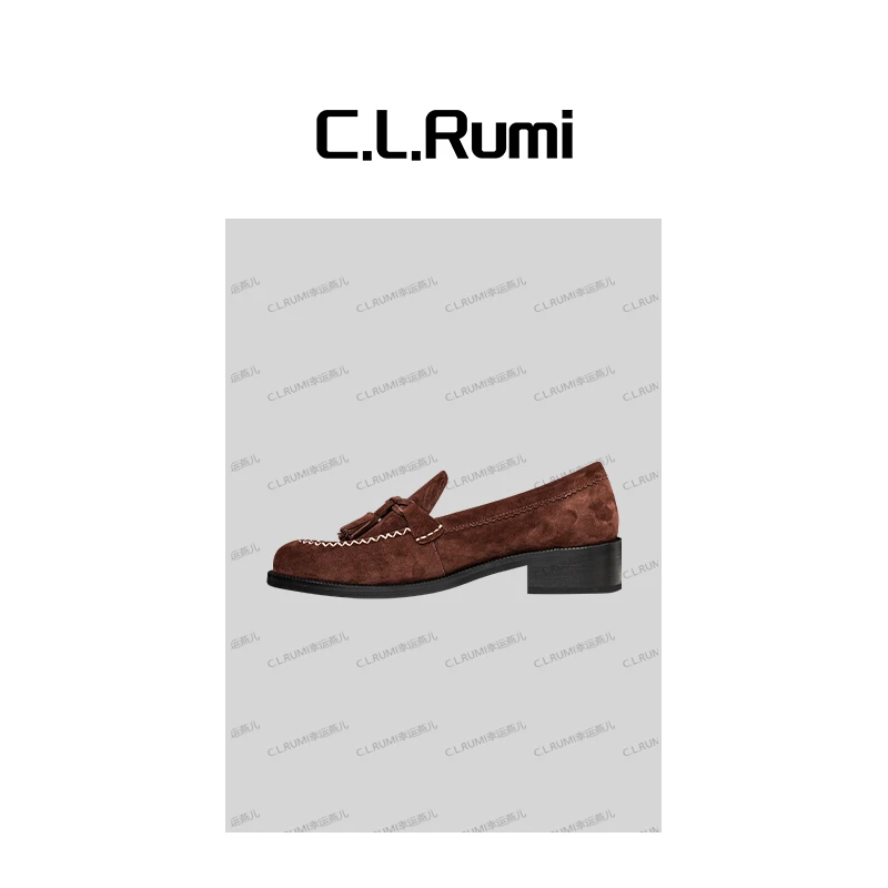 【Rumi小店】“深茶棕”25早秋羊皮复古一脚蹬流苏微增高乐福鞋7069pj