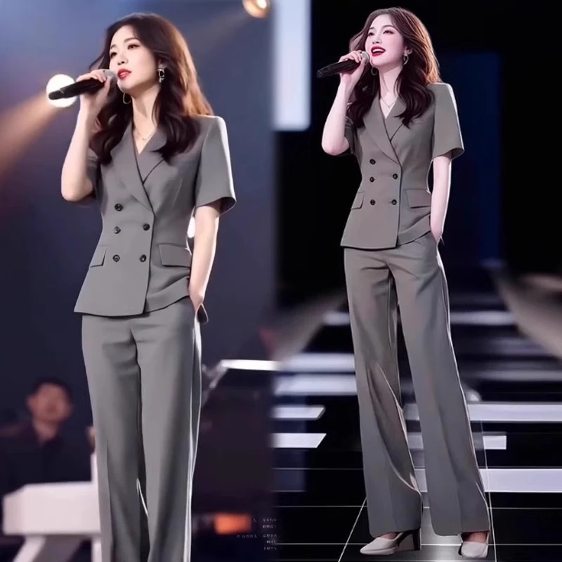 拉夏贝尔夏季新款时尚西装套装时髦洋气西装上衣阔腿裤职业两件套