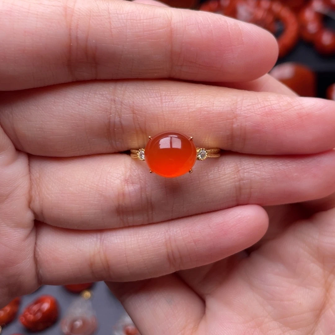 南红玛瑙银S925镶嵌珠宝奇石女戒