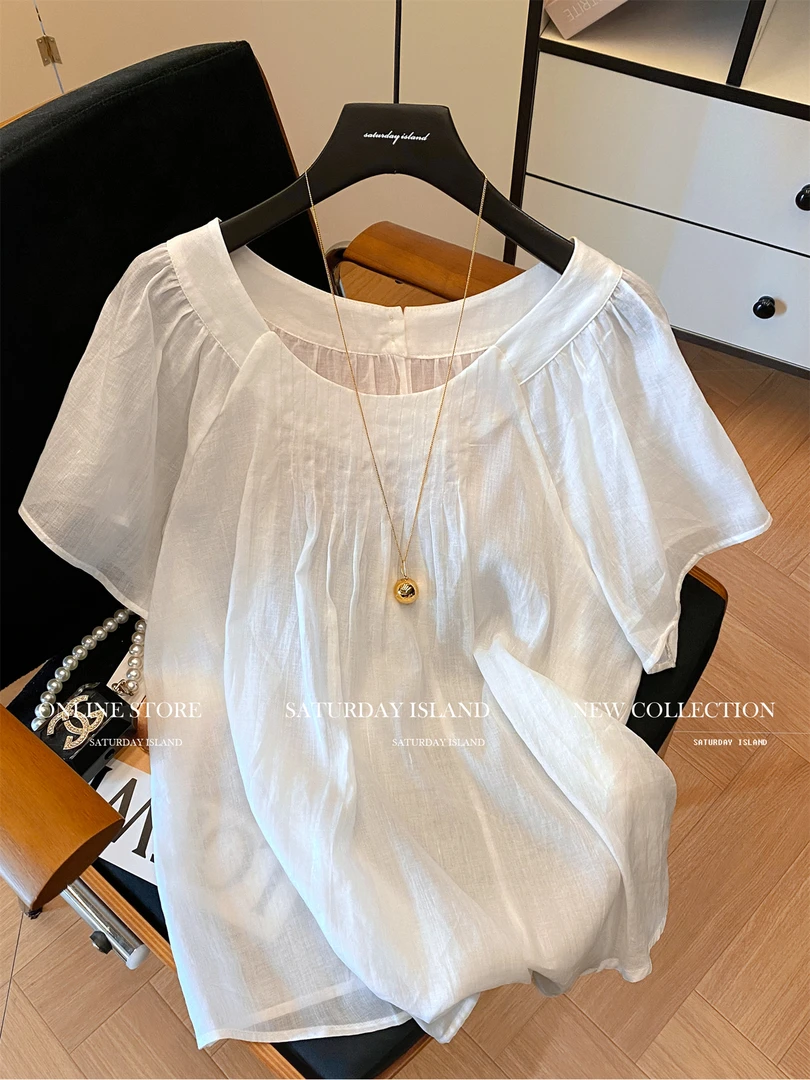 2025年夏季新款白色褶皱设计气质圆领短袖衬衫女宽松减龄时尚上衣