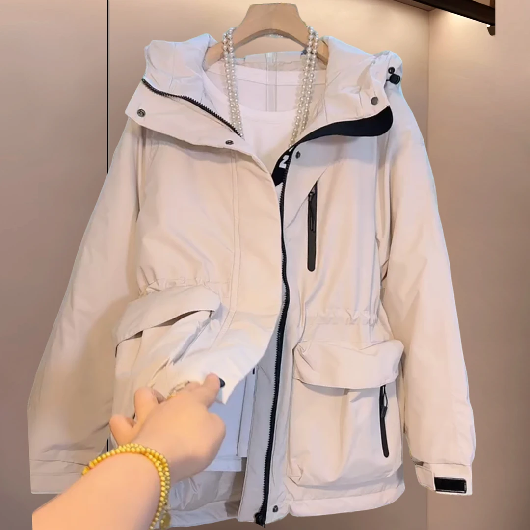 秋季款大码女装胖妹妹乳白色收腰拉链字母抽绳长袖棉单外套连帽