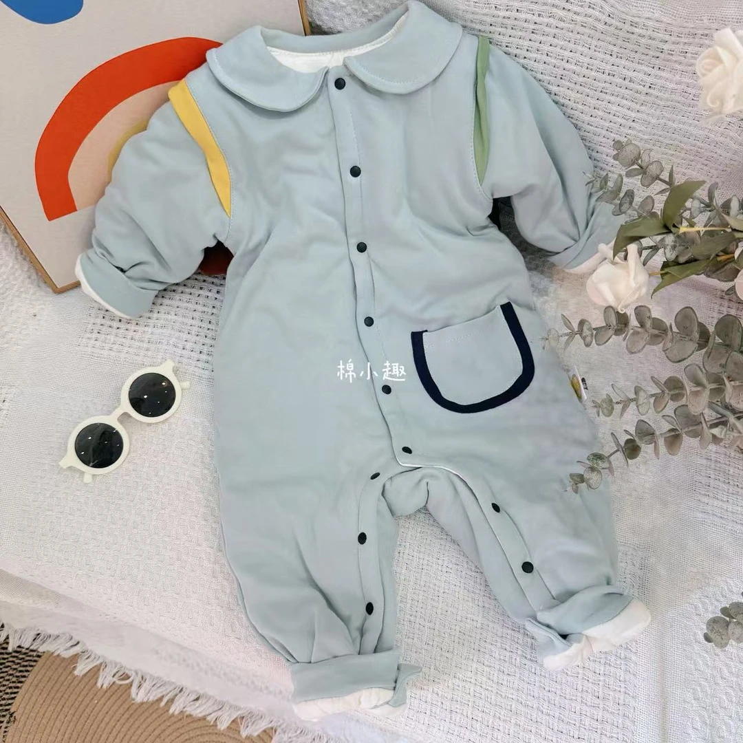 薄荷绿拼色肩200克手工棉花衣保暖舒适婴幼儿宝宝亲肤男宝闭裆