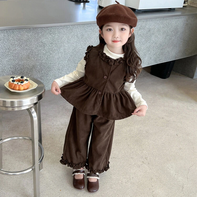 女童春秋季套装小女孩韩版木耳边马甲三件套女宝时髦洋气秋装衣服