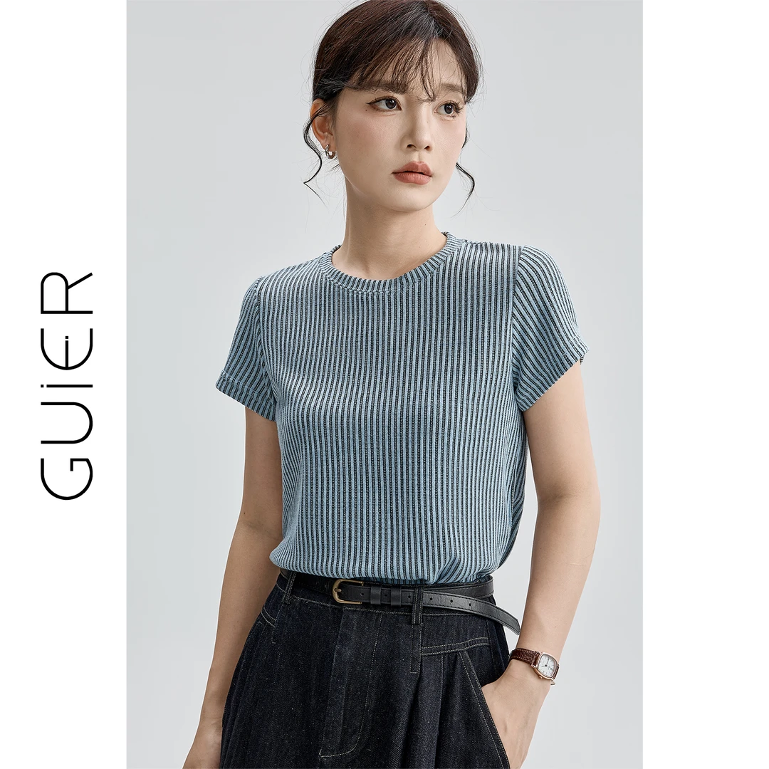 条纹正肩短袖T恤女2025夏季新款高级感百搭圆领显瘦上衣G2494