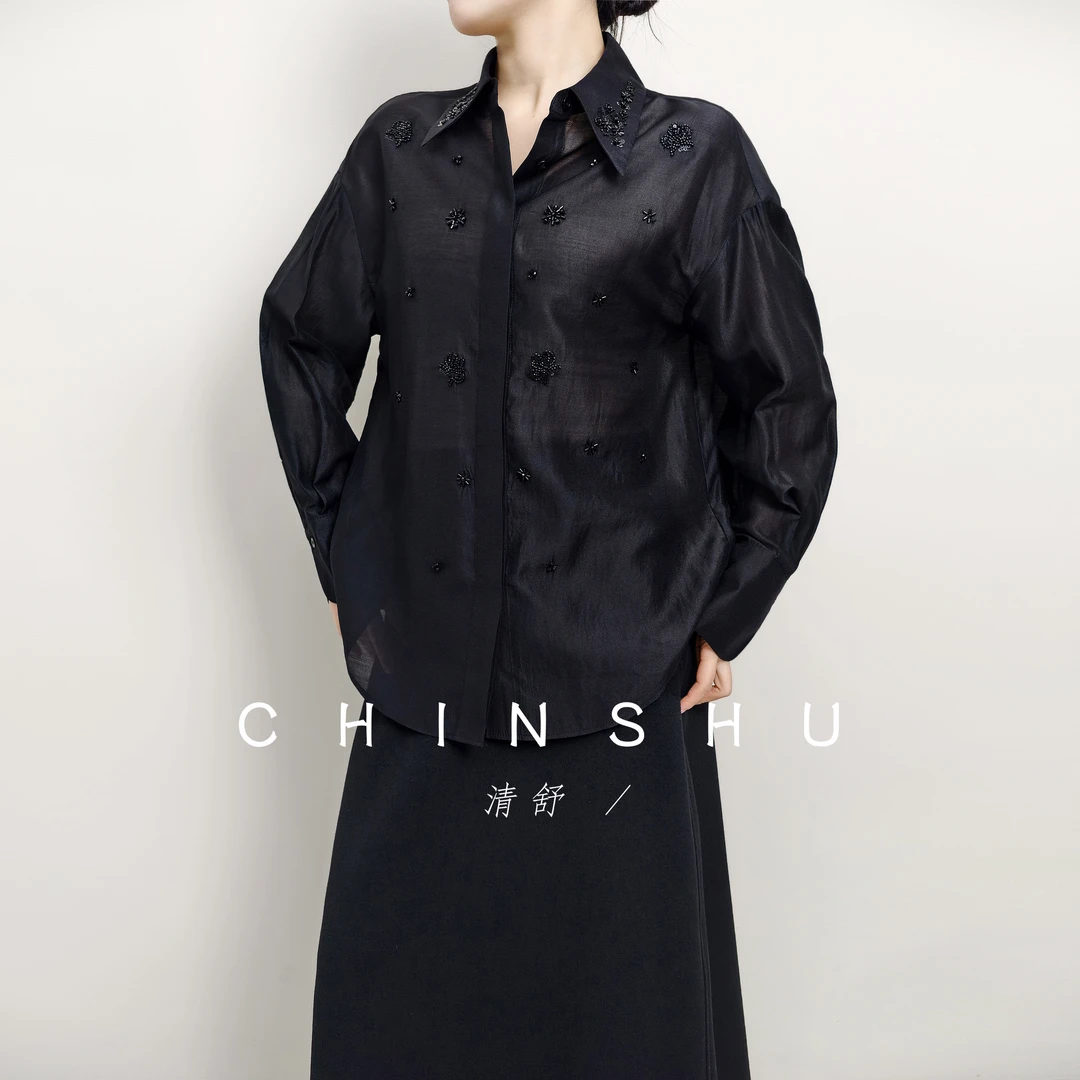 清舒【流光影】高级感重工镶珠长袖衬衫哑光缎面气质显瘦衬衣#57672