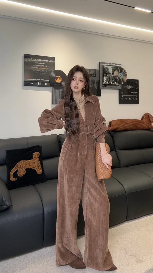 百搭假两件衬衫秋冬收腰系带阔腿套装爆款高级感穿搭 MDL012