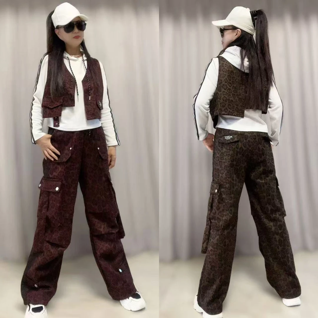 2025春秋新款广场舞曳步舞给性百搭豹纹不规则时尚马甲工装豹纹裤