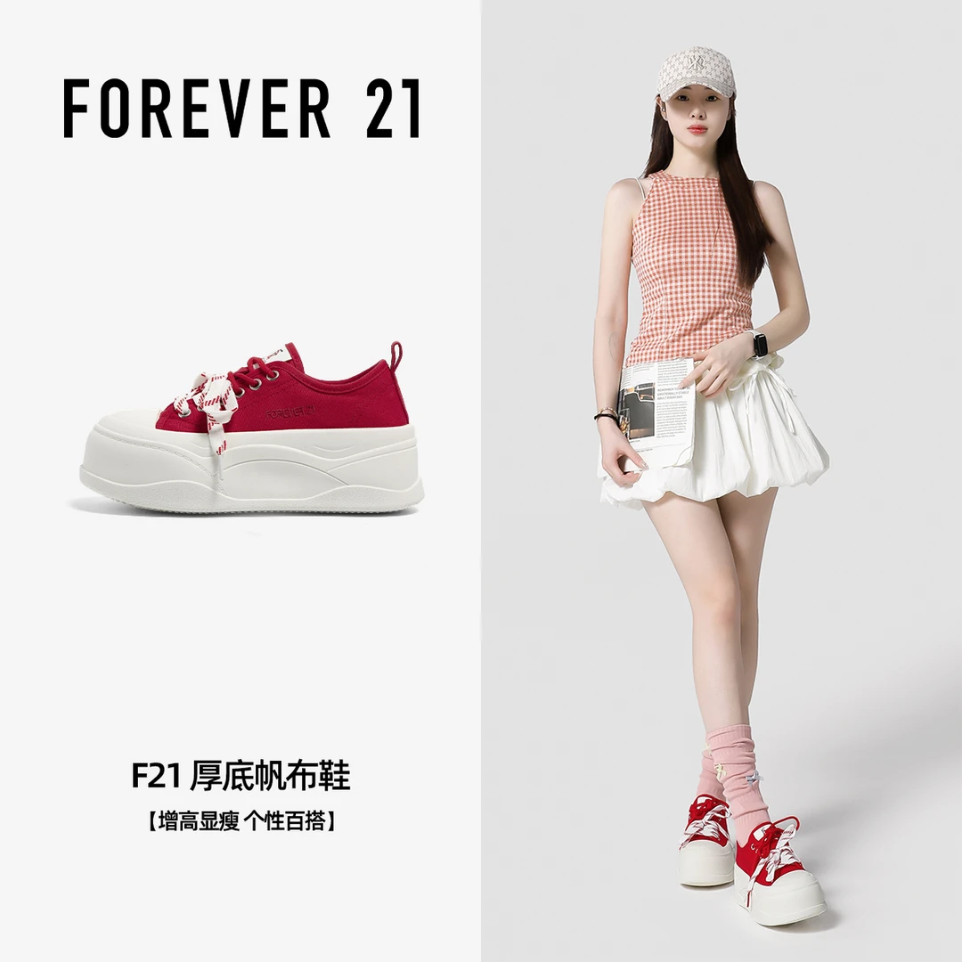 F21红色帆布鞋女夏季新款超厚底增高百搭显瘦少女休闲板鞋爆款