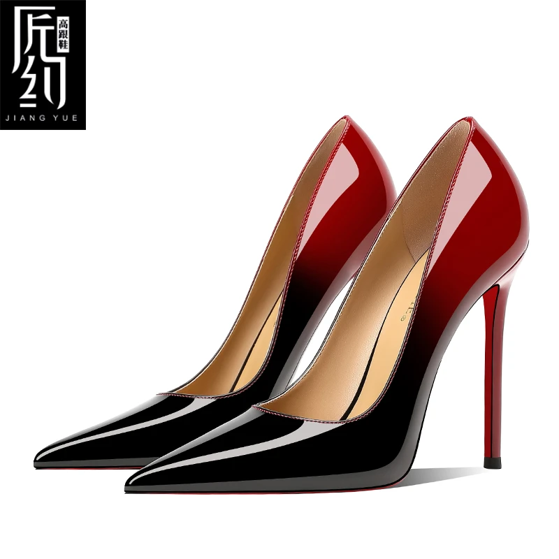 匠约25新款黑红渐变色漆皮红底高跟鞋女细跟性感浅口尖头宴会单鞋