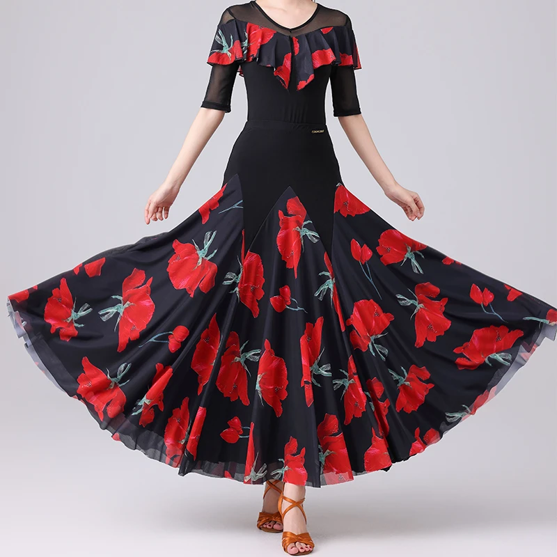 新款摩登舞服高级感网纱舞蹈服成人交谊拉丁舞广场舞大摆长裙套装