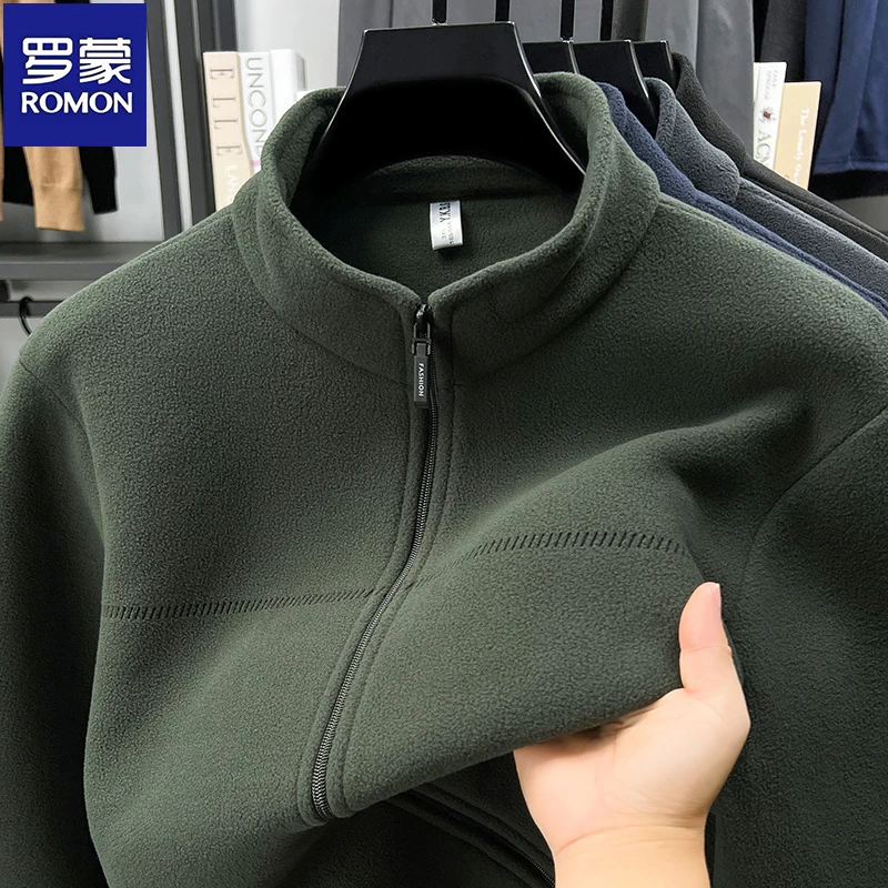 罗蒙秋冬新款时尚摇粒绒立领开衫卫衣男休闲百搭纯色抓绒潮流外套