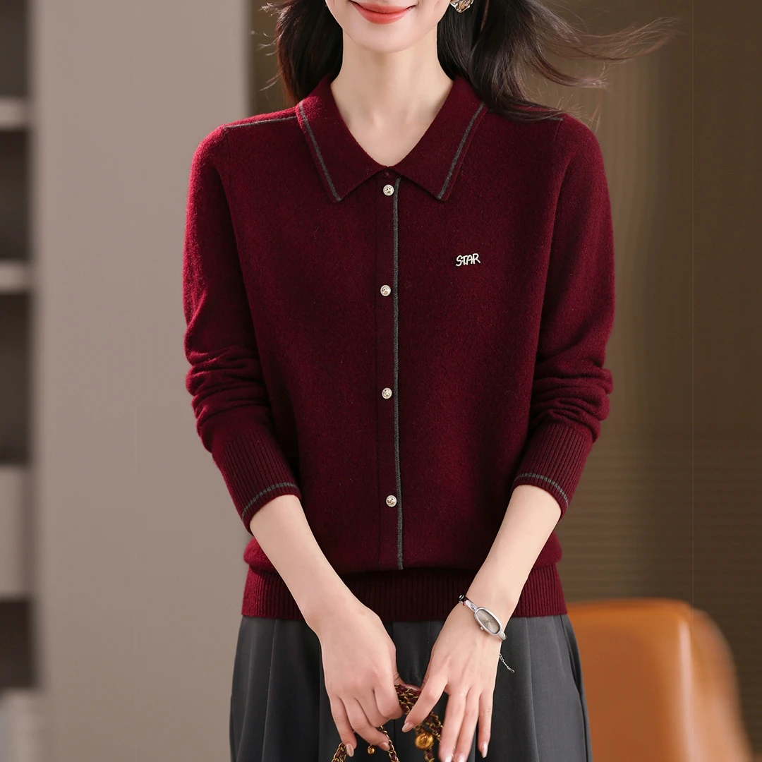 品牌高端女装秋冬羊毛衫女100%纯羊毛打底衫2025新款翻领针织上衣