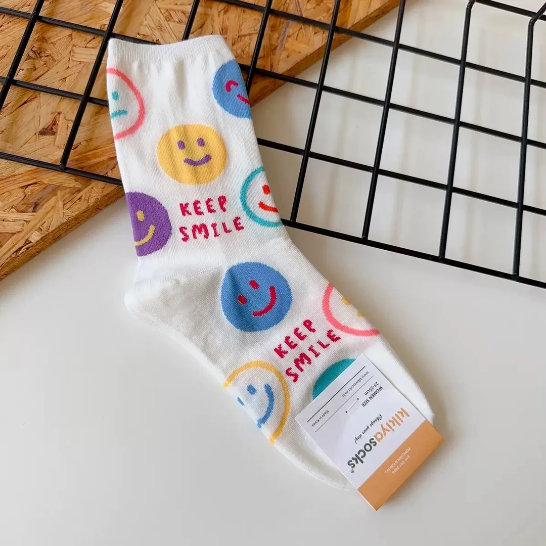 韩国东大门彩色笑脸女袜中筒棉袜
