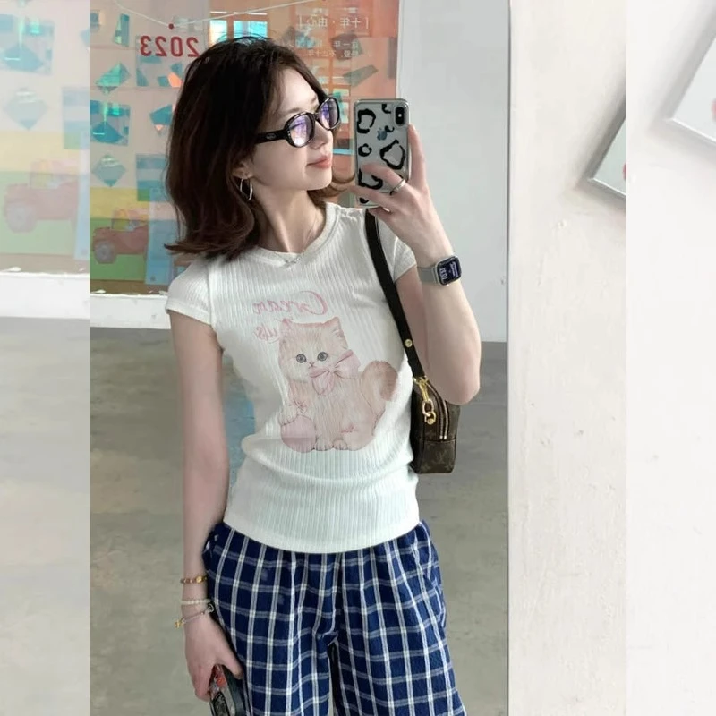 甜辣妹猫咪白色正肩短袖t恤女2025夏季凉感冰丝修身显瘦小上衣女