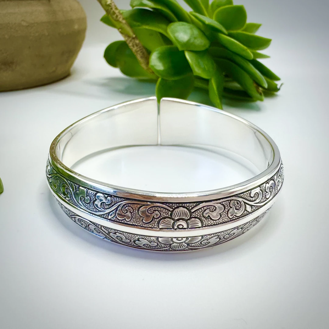 足银手镯 宝相花缠枝莲 足银999全手工复古异形设计开口镯