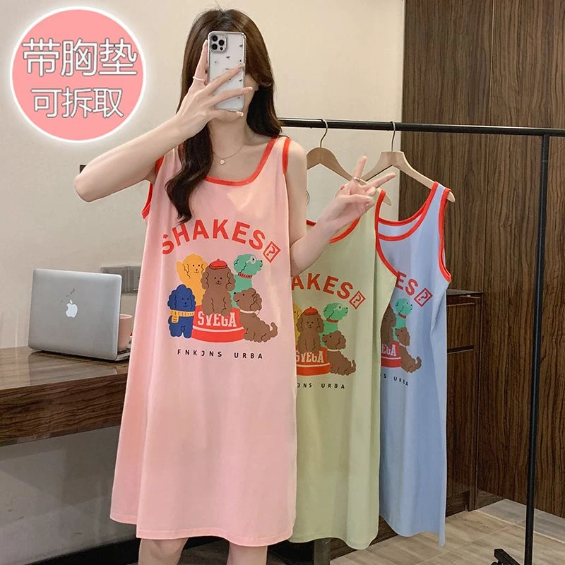 胖MM加大码睡裙女带胸垫夏季纯棉薄款背心无袖睡衣裙家居服宽松