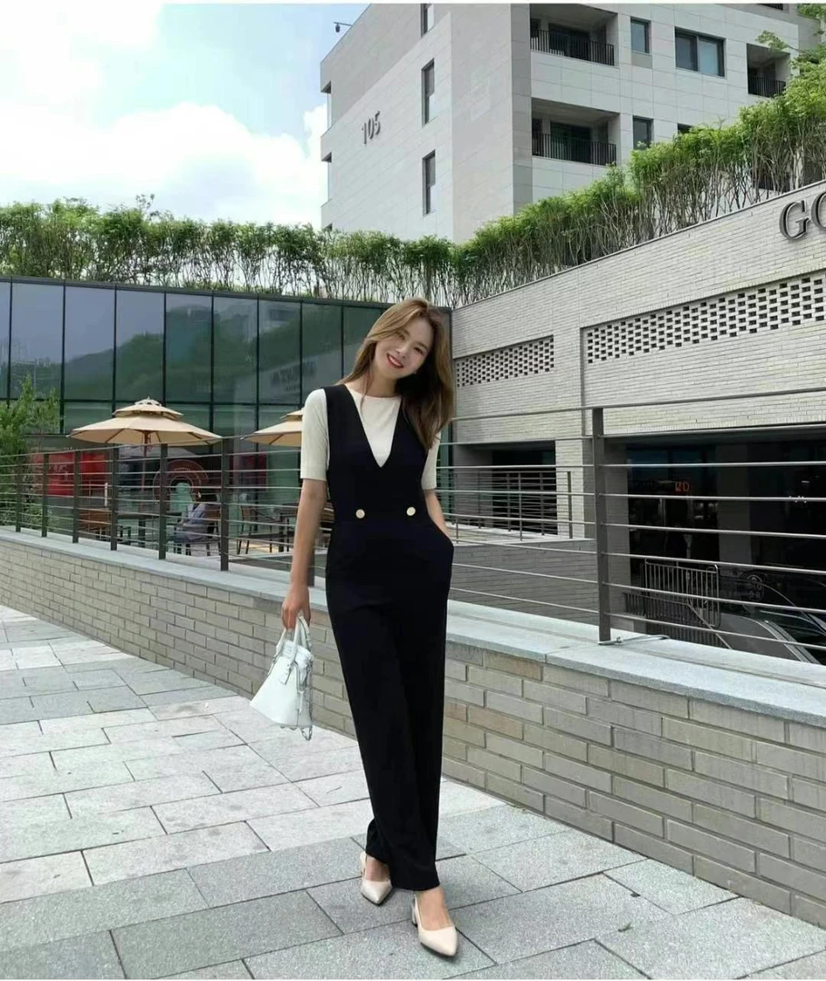 长裤高腰连体裤黑色法式通勤风阔腿裤阔腿背带韩版显瘦裤子