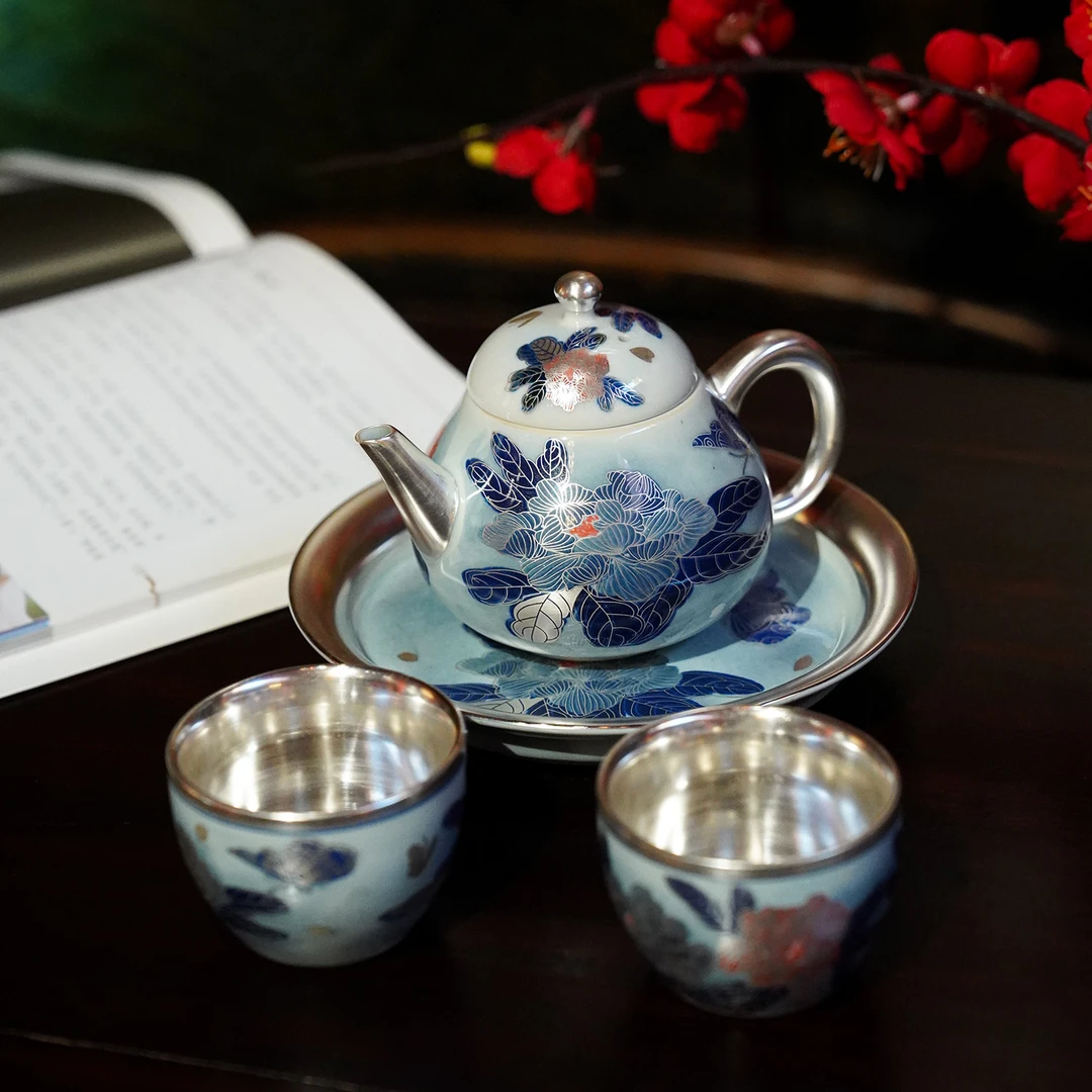 【本尼家】JT11轻奢鎏银茶具牡丹茶壶套装茶杯工夫茶台桌面摆件