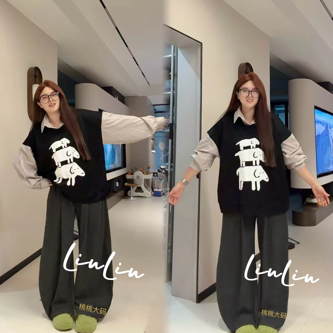 新款韩系大码叠穿休闲风翻领长袖假两件上衣宽松加绒糯米裤套装
