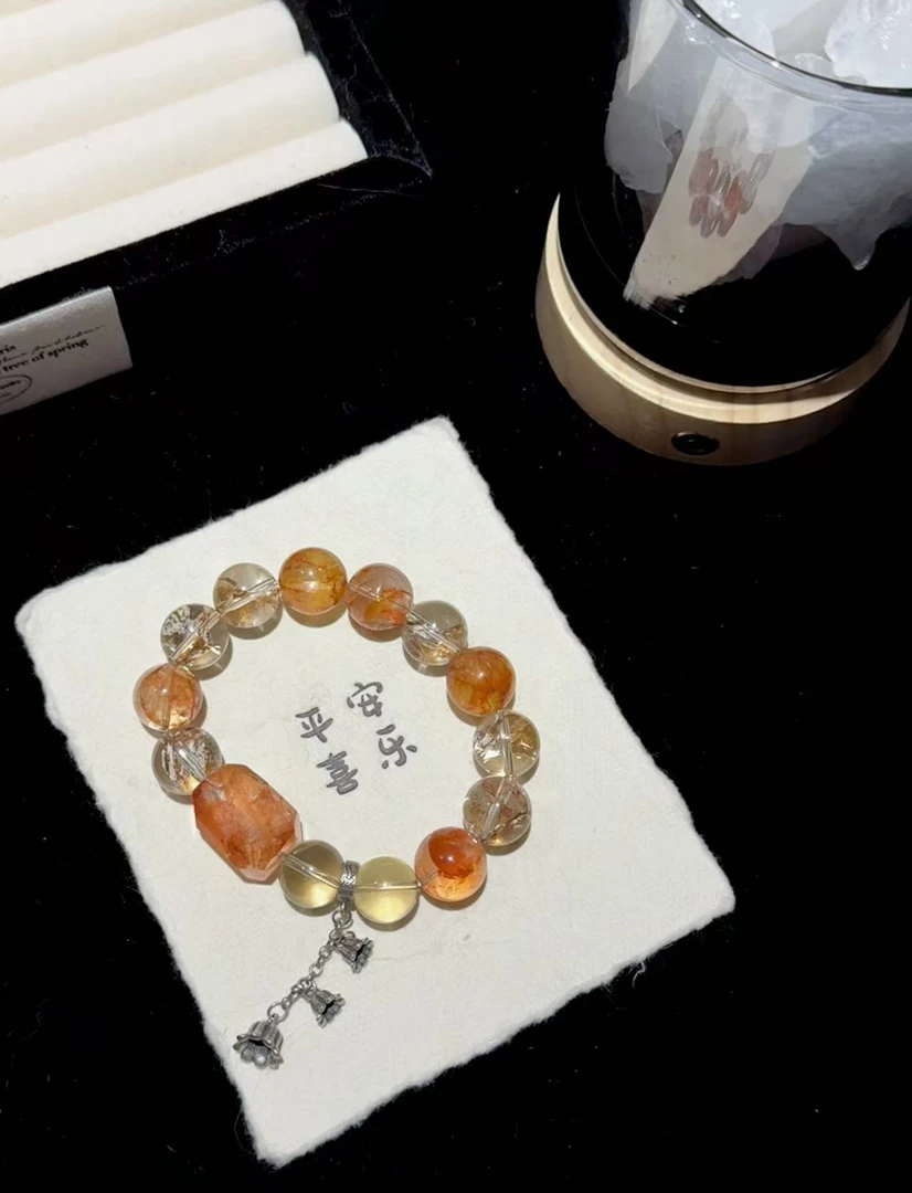 天然水晶芬达胶花搭配金箔锦鲤魔晶宙斯复古银配饰设计款S35417