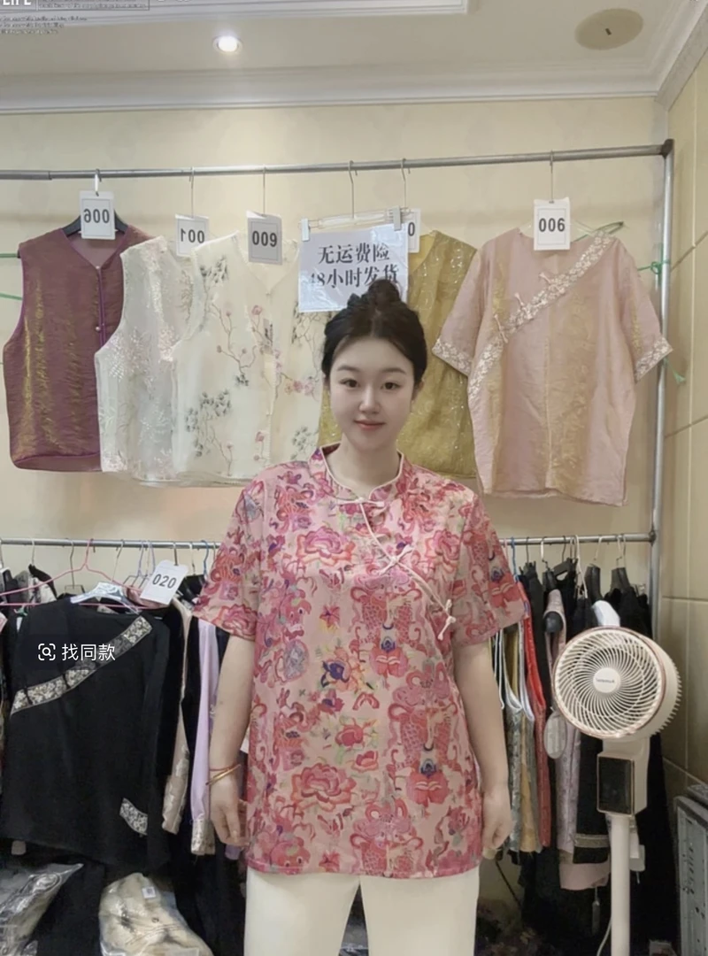 新中式薄款短袖大衫改良旗袍领外穿宽松大码女半袖上衣