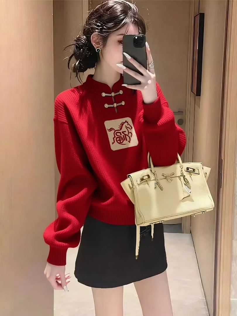 新中式国风盘扣白马红色圣诞毛衣女款2025新款冬季本命年马年衣服