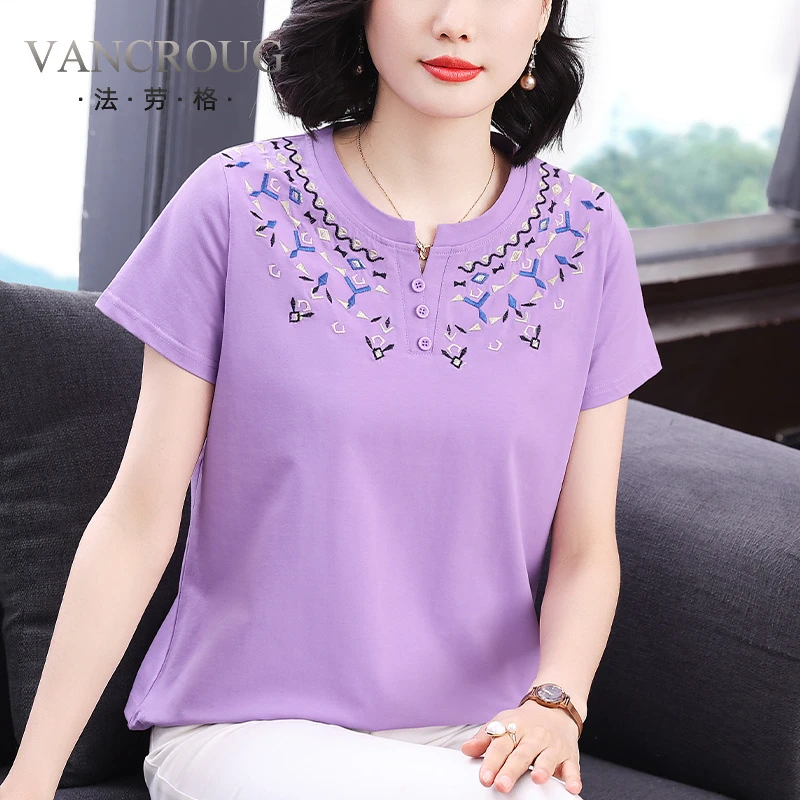 法劳格中老年短袖T恤女装棉刺绣V领减龄上衣妈妈老钱风松弛感女装