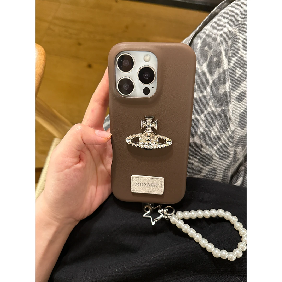 适用苹果16手机壳iPhone15/14promax纯色皮纹贴钻简约手机保护套