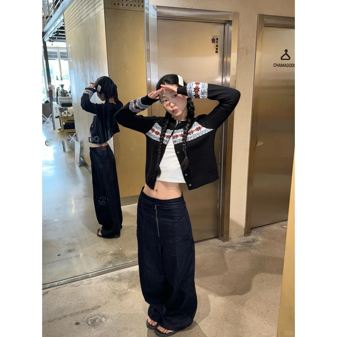 美式复古浪漫费尔岛针织开衫女秋冬季撞色打底衫提花长袖毛衣外套