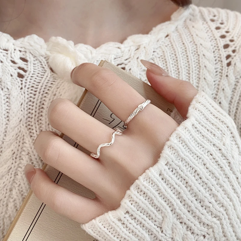 925银戒指 几何形时尚简约素圈波浪扭纹不规则潮流设计开口戒指女