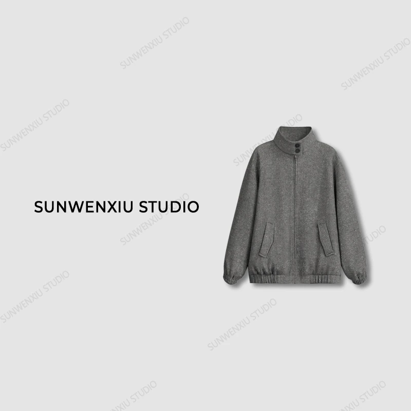swx studio5店 “灰色基因”羊毛混纺灰色毛呢立领棒球服拉链外套