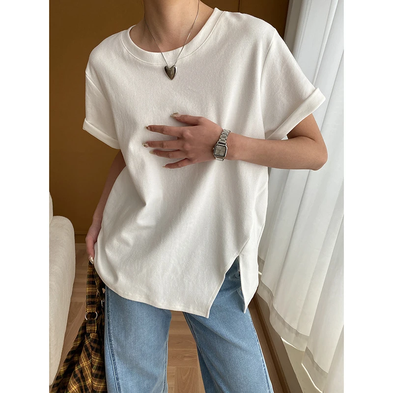 不规则开叉舒适磨毛圆领宽松白色短袖T恤ins早秋时尚百搭韩版新款
