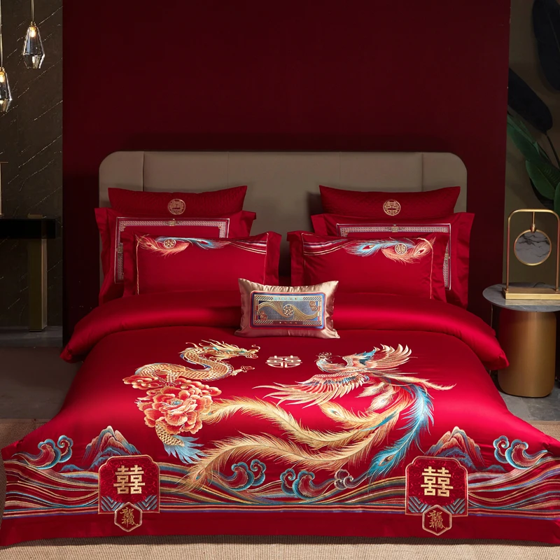 火炬婚庆系列刺绣大红色高档绣花中国风四件套龙凤呈喜家用婚房