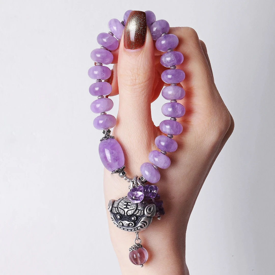 足银手链 七[无忧] S09058 吞米兽瓜珠紫色串珠手链
