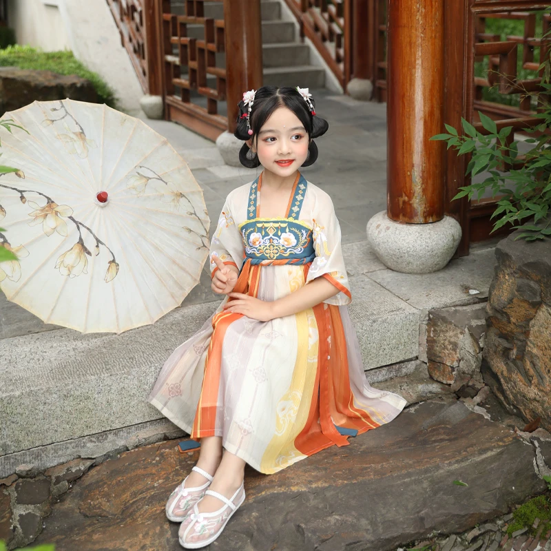 儿童唐装汉服夏季薄款高端中国风女童襦裙古风仙气齐胸公主裙