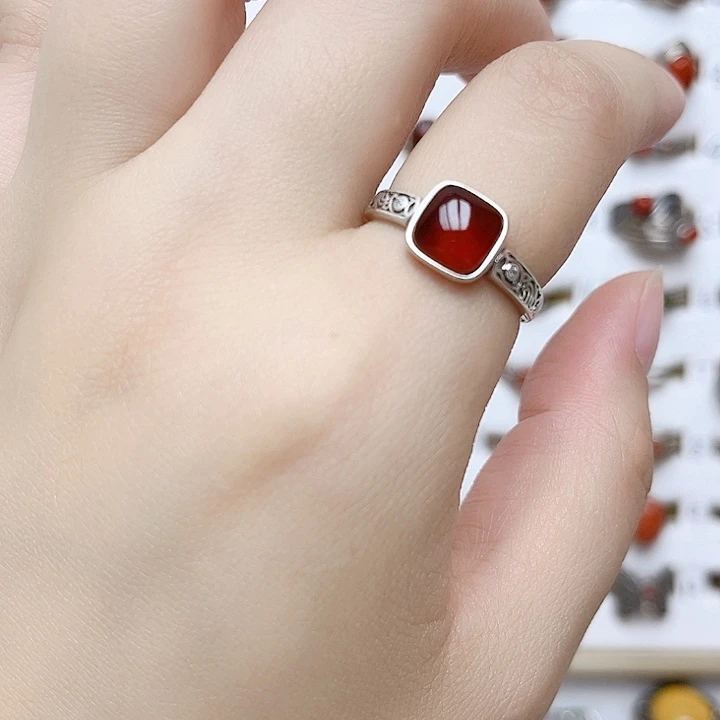 血珀银S925镶嵌戒指天然