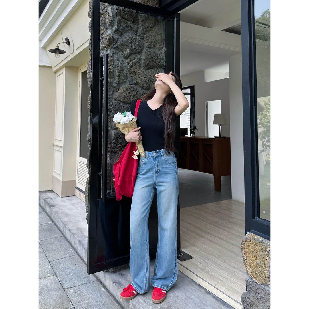 中高腰牛仔裤女夏季新款显瘦直筒阔腿裤复古水洗牛仔89277