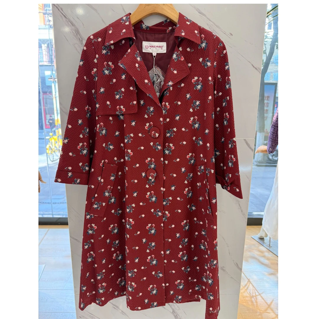 女装休闲风衣宽松型红色宽松外套中长款翻领薄款