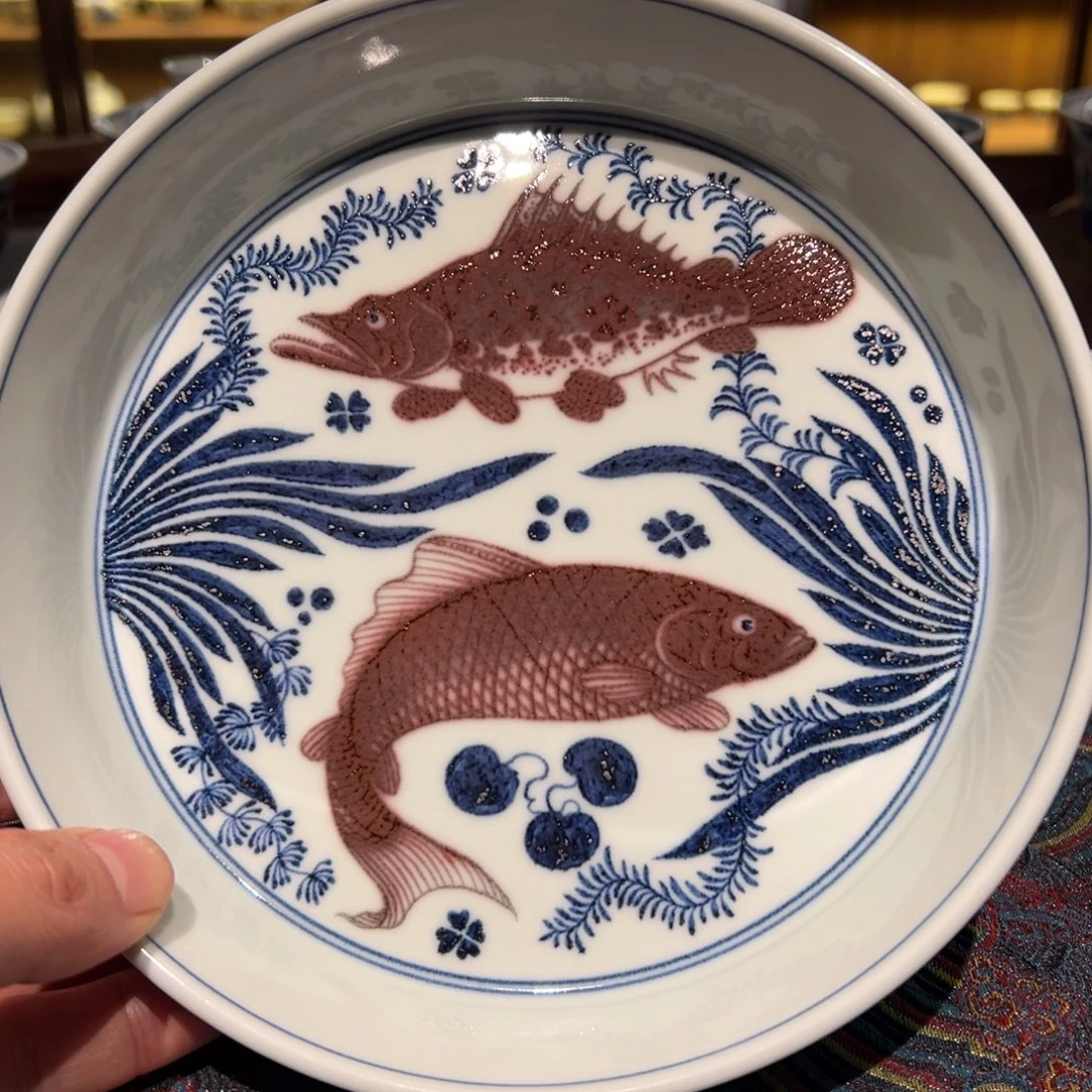 陶精品青花釉里红鱼藻纹壶承口径约18厘米