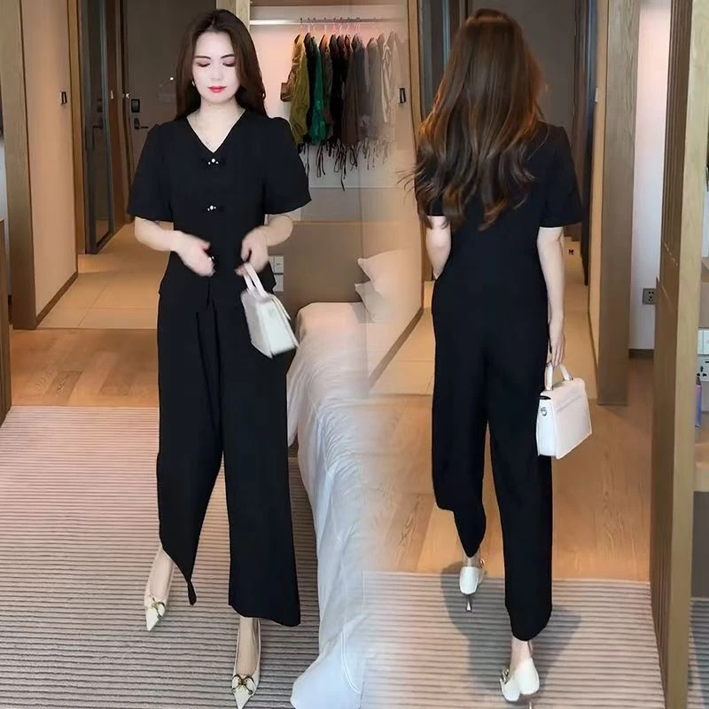 新中式大码冰丝套装女2025夏季新款洋气显瘦盘扣短袖阔腿裤两件套