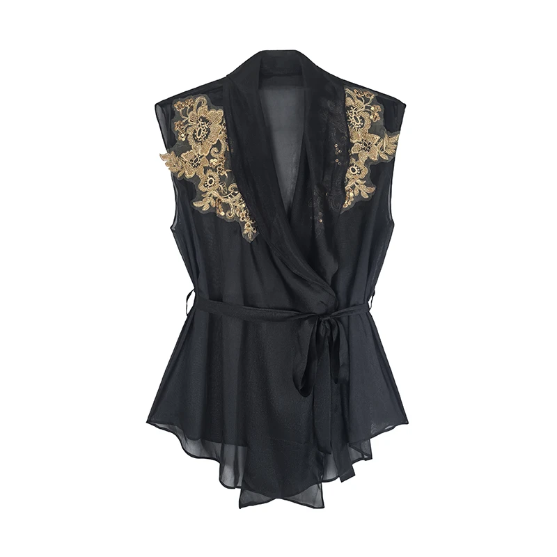 「时髦因子」2025夏季黑色收腰披肩薄纱外套上衣高级感刺绣衬衣L173