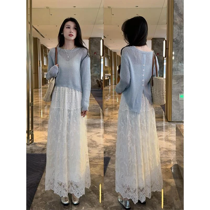 早春新款搭配一整套女后背纽扣亮丝长袖罩衫上衣蕾丝半身裙两件套