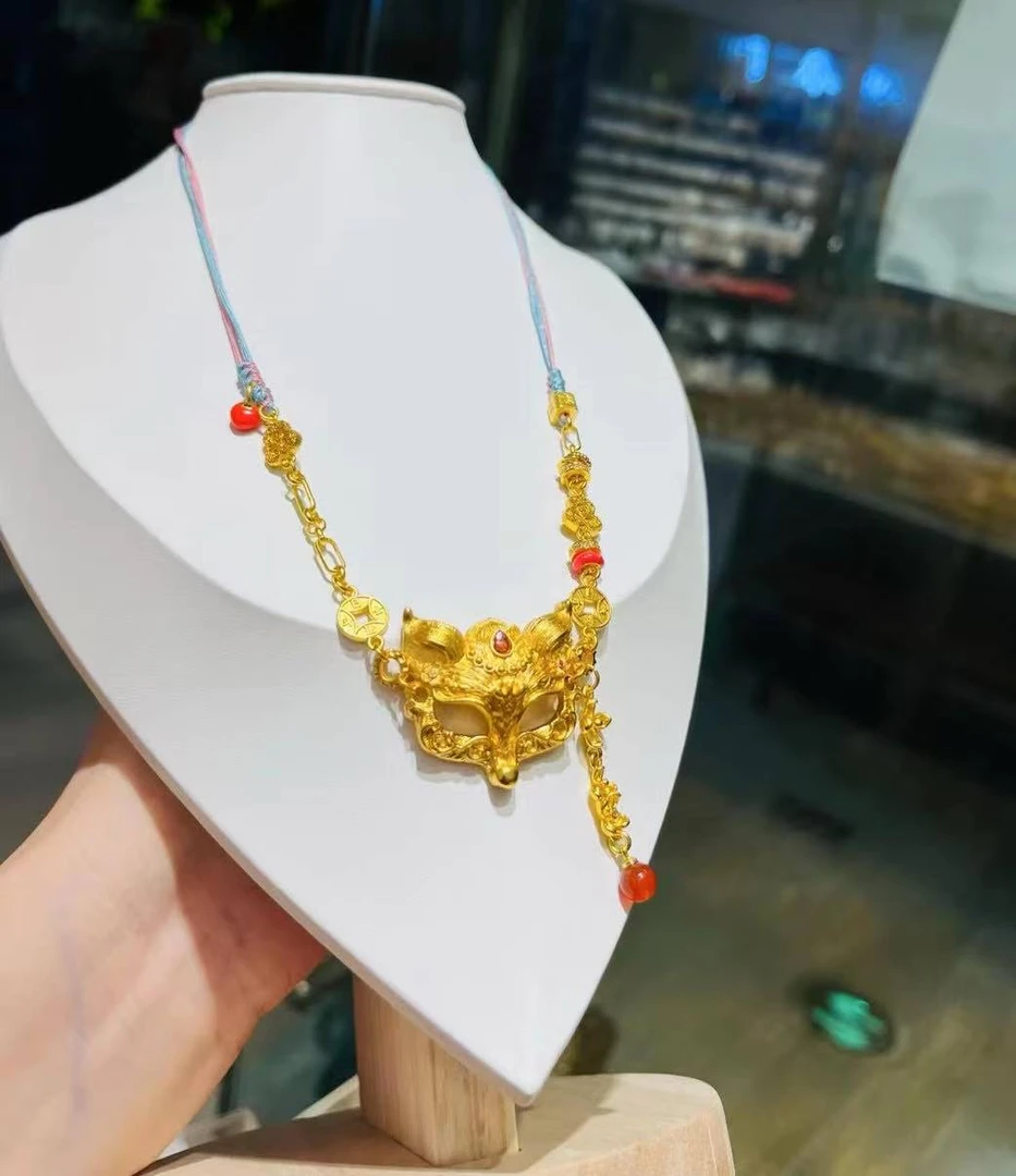 铜合金棉绳项链 铜合金棉绳项链颈链吊坠新中式澜焰狐狸面具项链